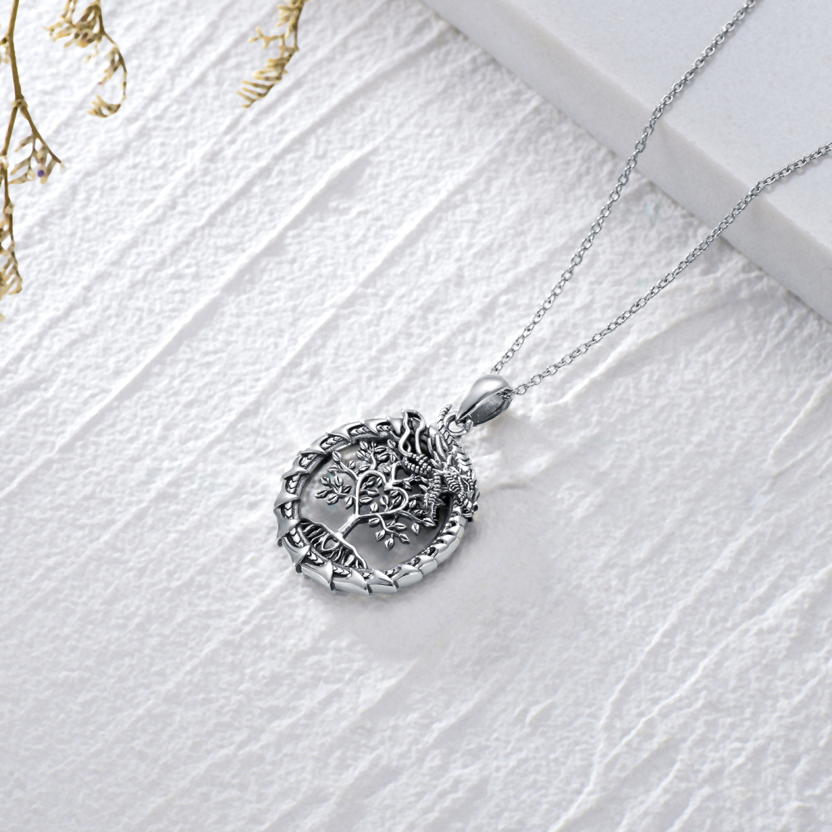 Sterling Silver Dragon & Tree Of Life Pendant Necklace-5