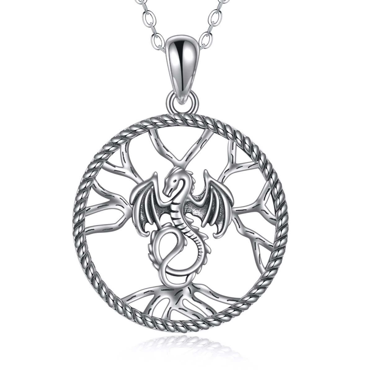 Sterling Silver Dragon & Tree Of Life Pendant Necklace-1