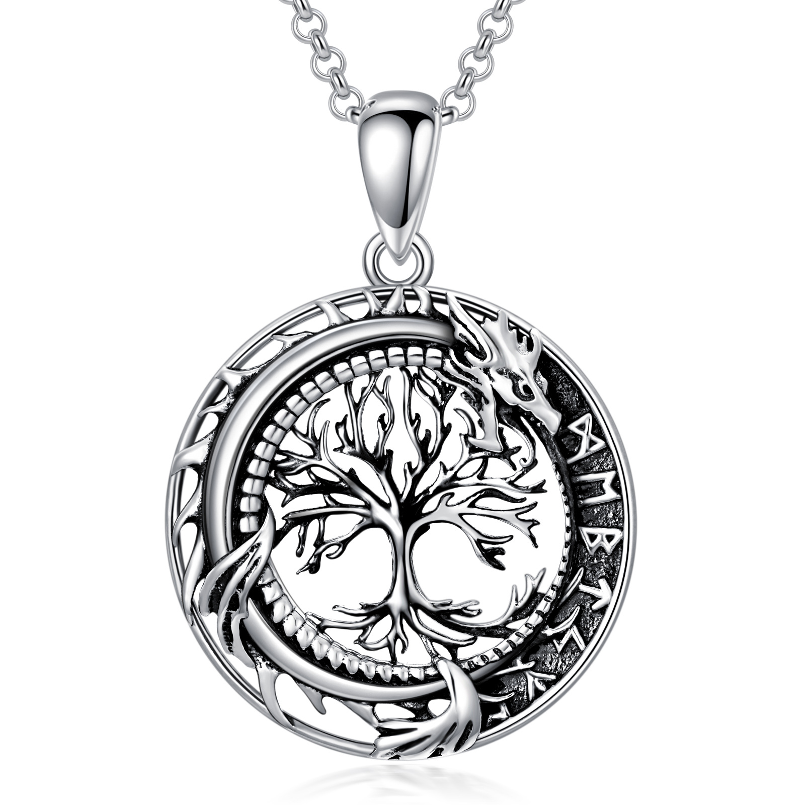 Image of Sterling Silver Dragon Tree Of Life And Viking Rune Pendant Necklace For Unisex