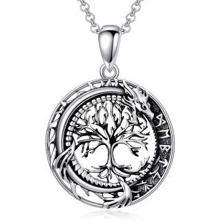 Sterling Silver Dragon Tree Of Life And Viking Rune Pendant Necklace For Unisex-37