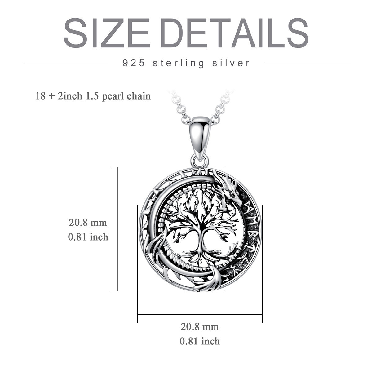 Sterling Silver Dragon Tree Of Life And Viking Rune Pendant Necklace For Unisex-5