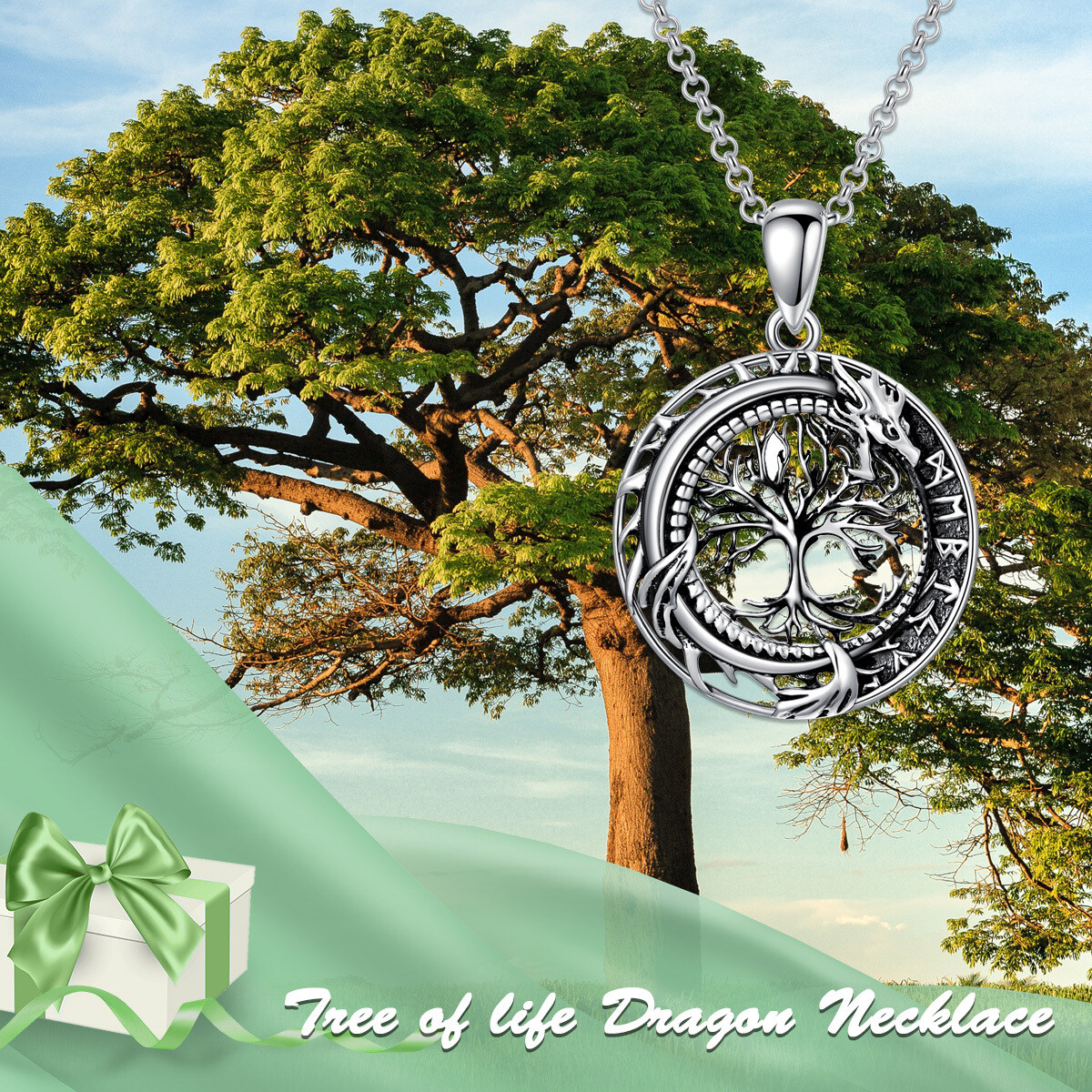 Sterling Silver Dragon Tree Of Life And Viking Rune Pendant Necklace For Unisex-6