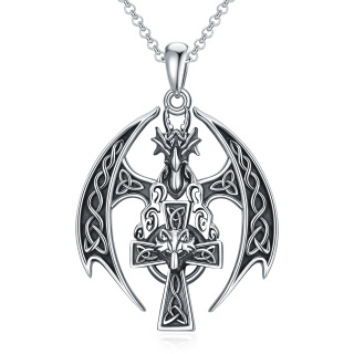 Sterling Silver Dragon With Wolf & Celtic Knot With Cross Pendant Necklace For Men-34