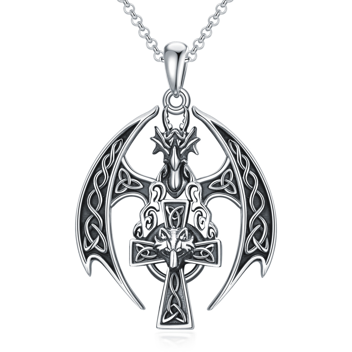 Sterling Silver Dragon With Wolf & Celtic Knot With Cross Pendant Necklace For Men