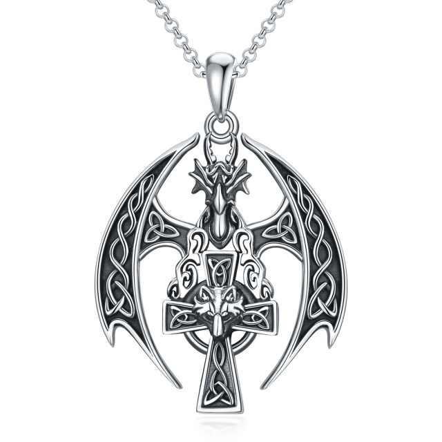 Sterling Silver Dragon & Wolf & Celtic Knot & Cross Pendant Necklace for Men-3