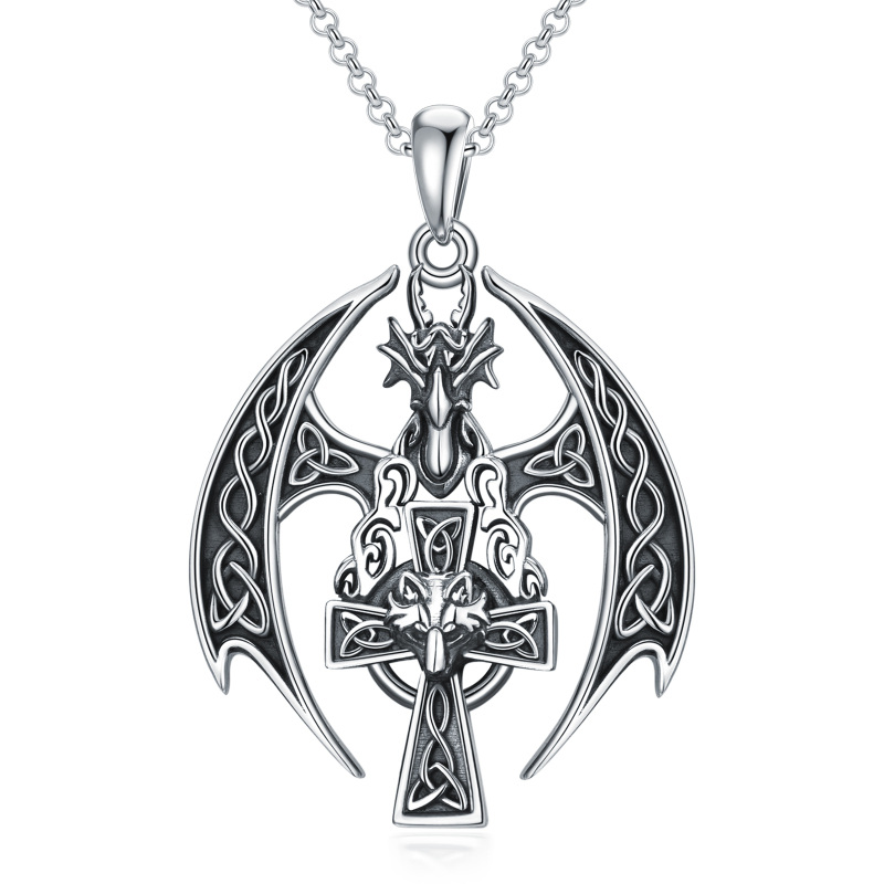 Sterling Silver Dragon With Wolf & Celtic Knot With Cross Pendant Necklace For Men-3