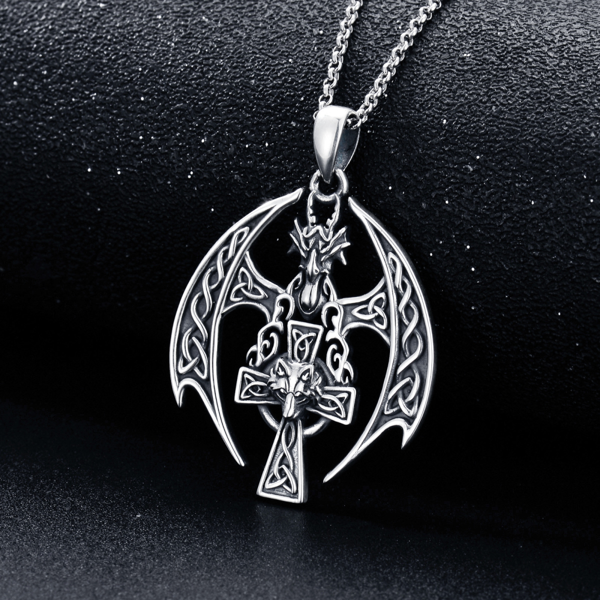 Sterling Silver Dragon & Wolf & Celtic Knot & Cross Pendant Necklace for Men-3