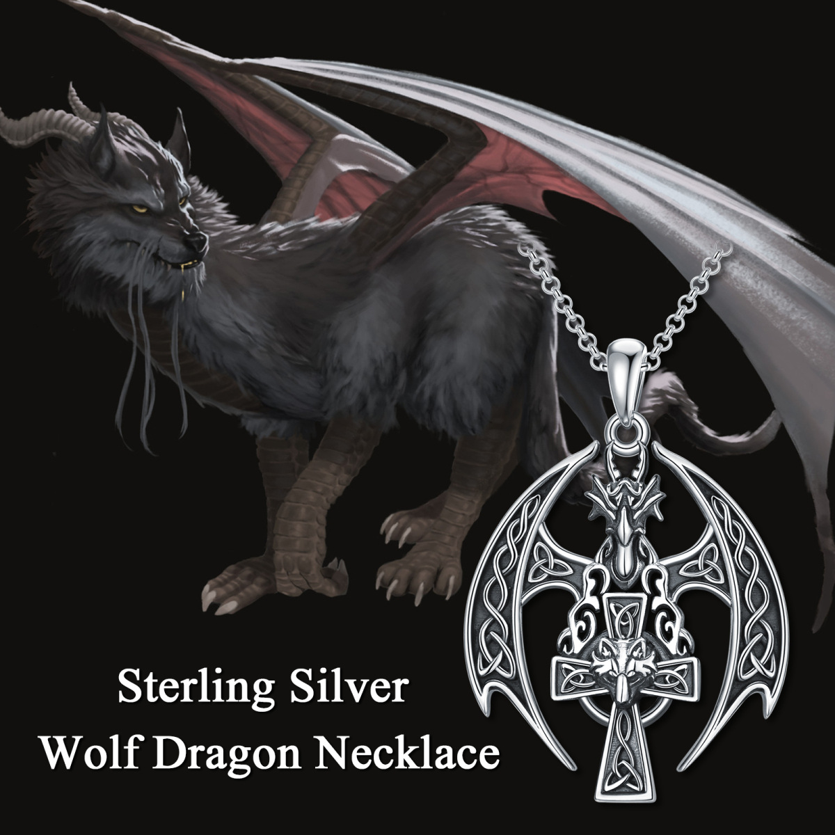 Sterling Silver Dragon & Wolf & Celtic Knot & Cross Pendant Necklace for Men-5