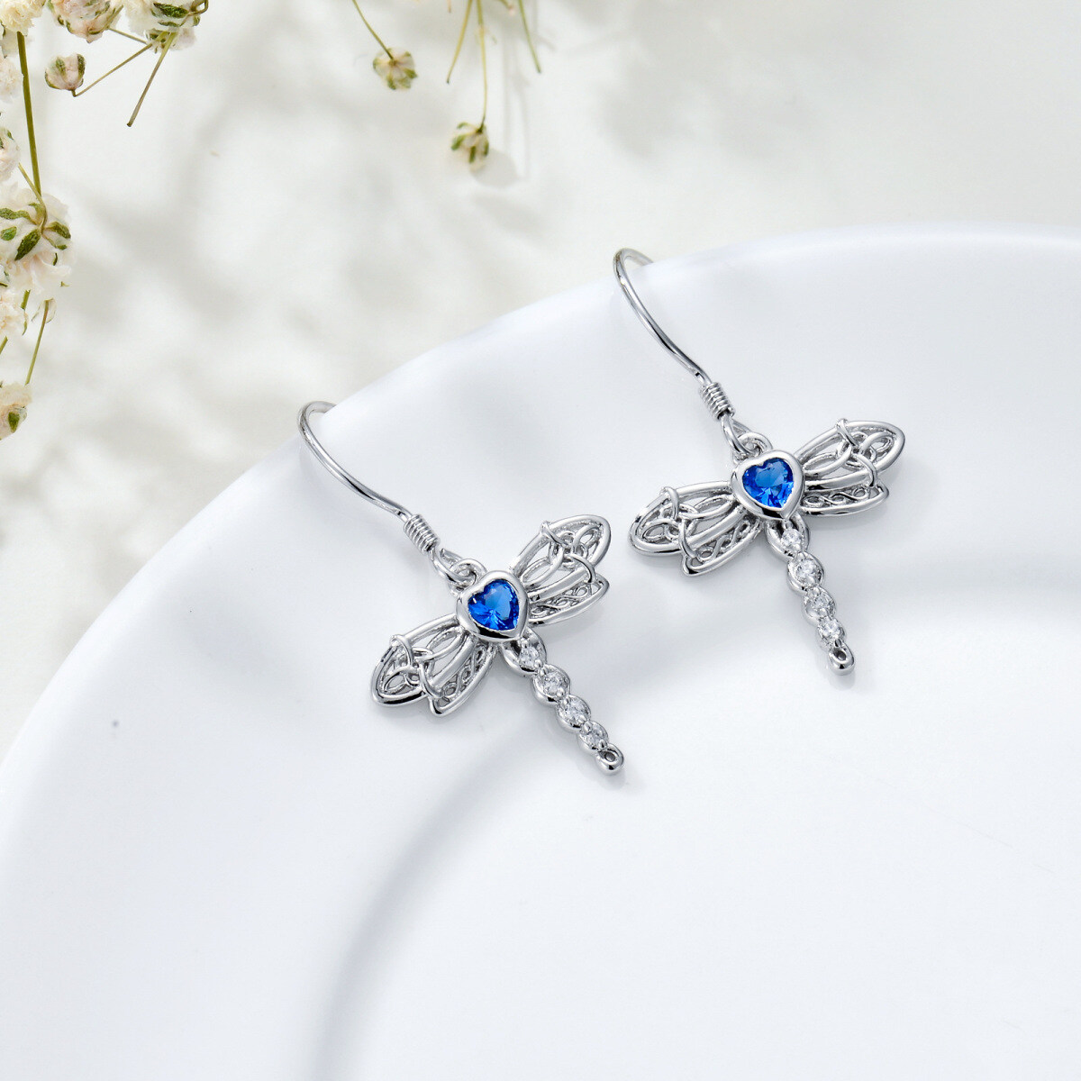 Sterling Silver Cubic Zirconia Dragonfly & Celtic Knot Drop Earrings-4