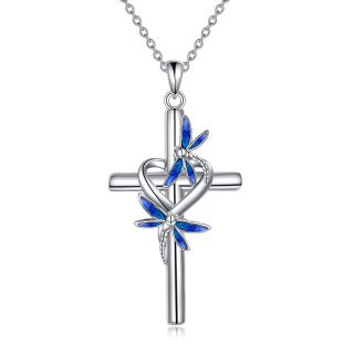 Sterling Silver Dragonfly & Cross Pendant Necklace-1