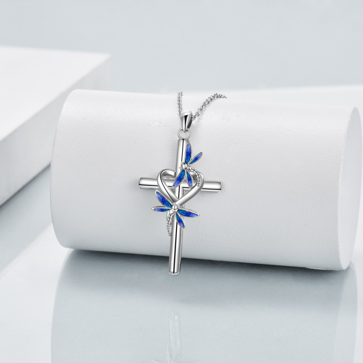 Sterling Silver Dragonfly & Cross Pendant Necklace-4