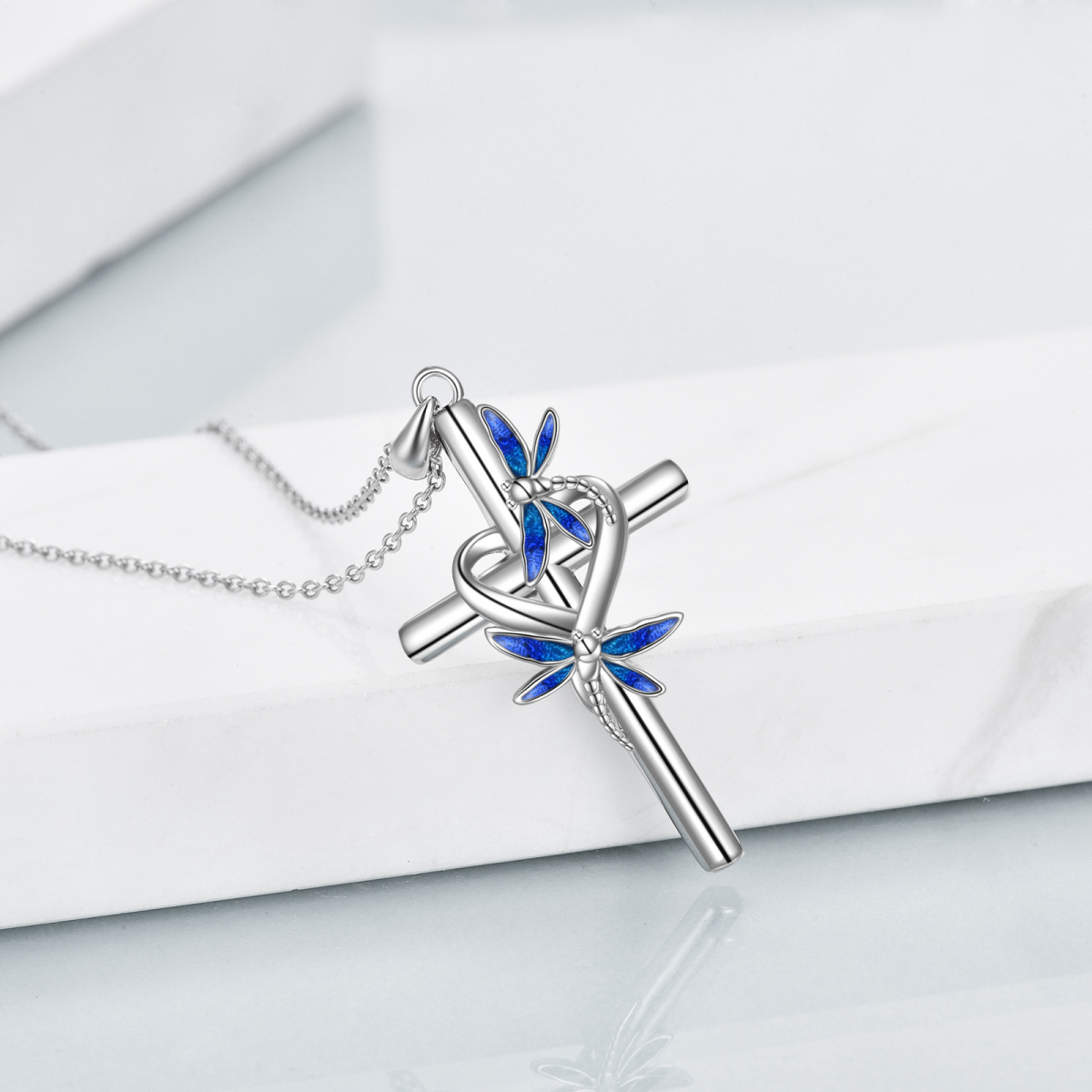 Sterling Silver Dragonfly & Cross Pendant Necklace-5