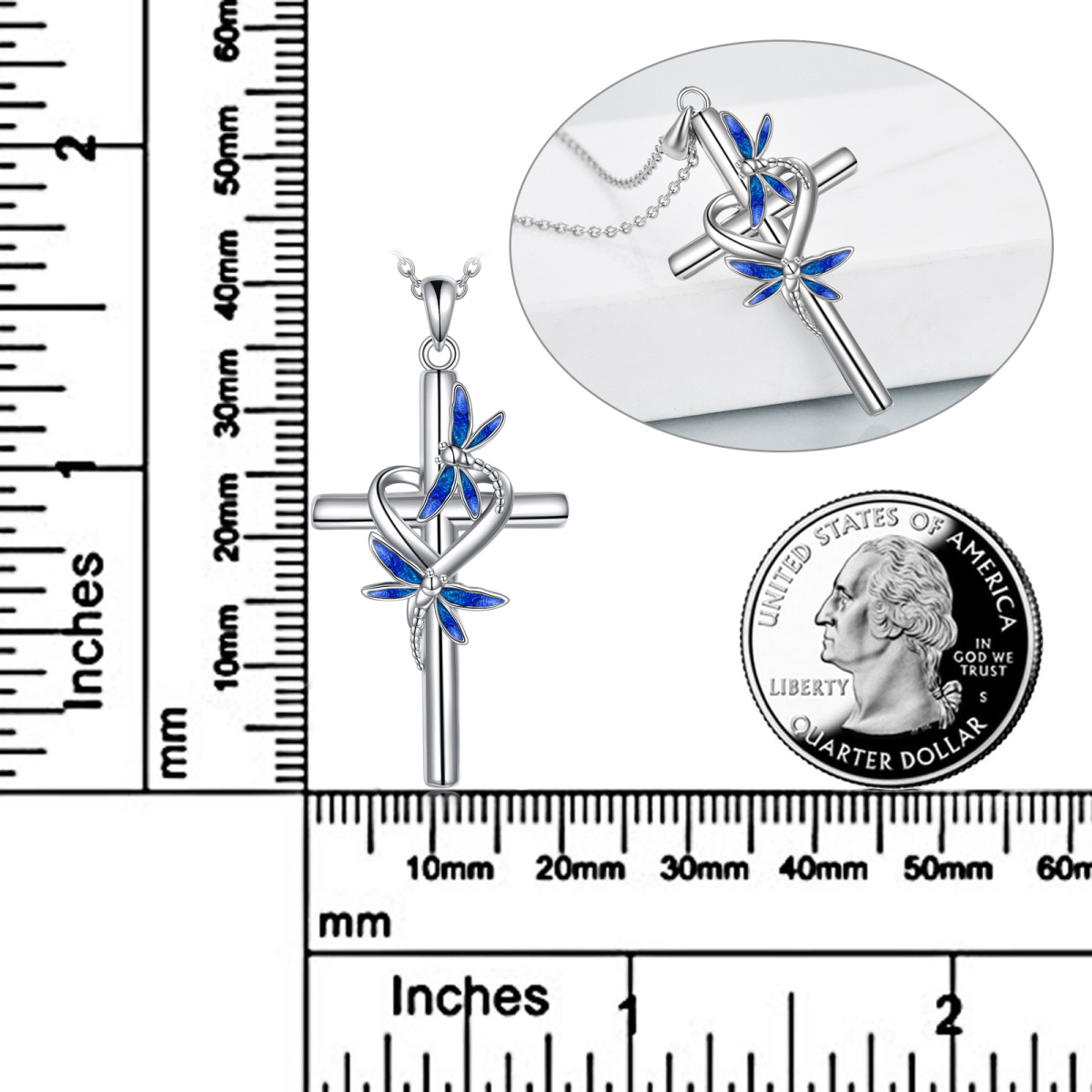 Colgante libélula y cruz en plata de ley-6