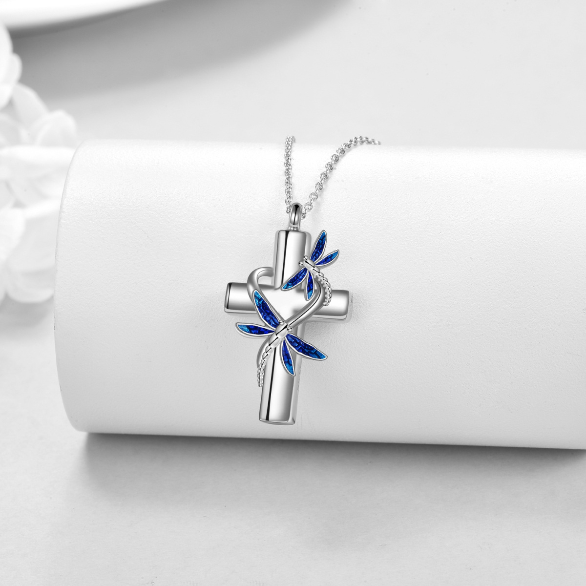 Sterling Silver Dragonfly & Cross Urn Necklace for Ashes-3