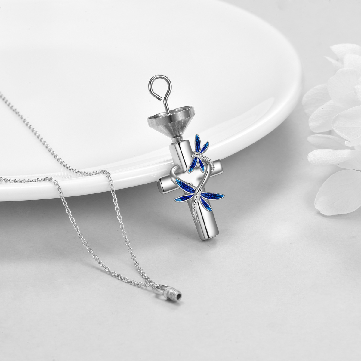 Sterling Silver Dragonfly & Cross Urn Necklace for Ashes-4