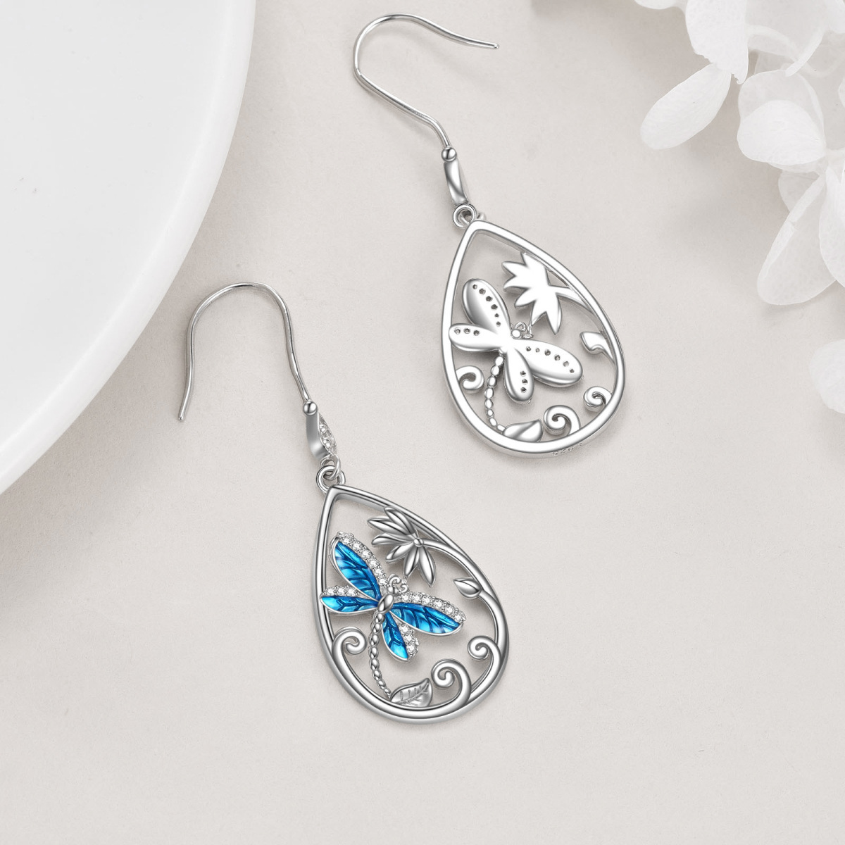 Sterling Silver Cubic Zirconia Dragonfly Drop Earrings-4