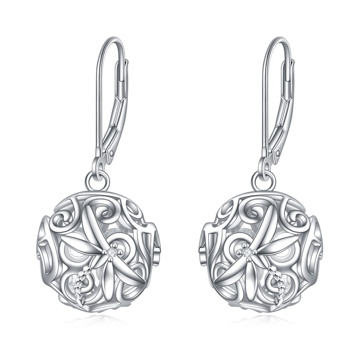 Sterling Silver Cubic Zirconia Dragonfly & Filigree & Spherical Lever-back Earrings-1