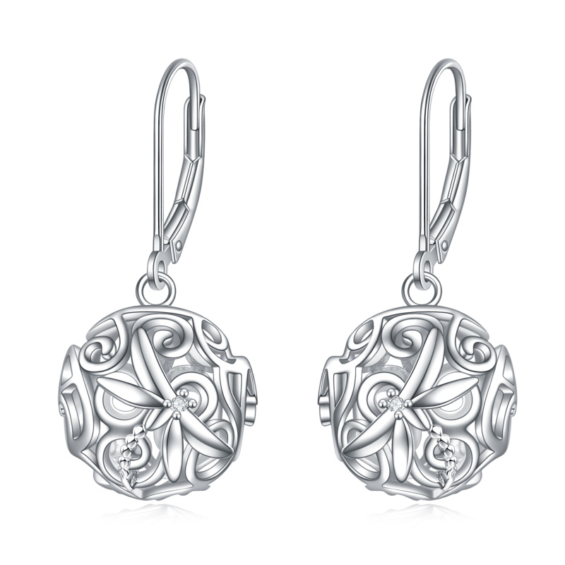 Sterling Silver Cubic Zirconia Dragonfly & Filigree & Spherical Lever-back Earrings