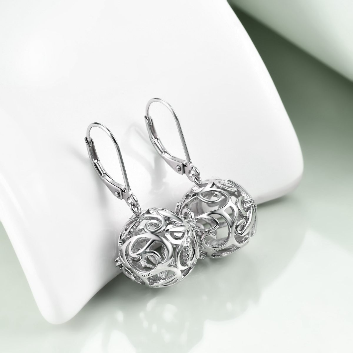 Sterling Silver Cubic Zirconia Dragonfly & Filigree & Spherical Lever-back Earrings-3