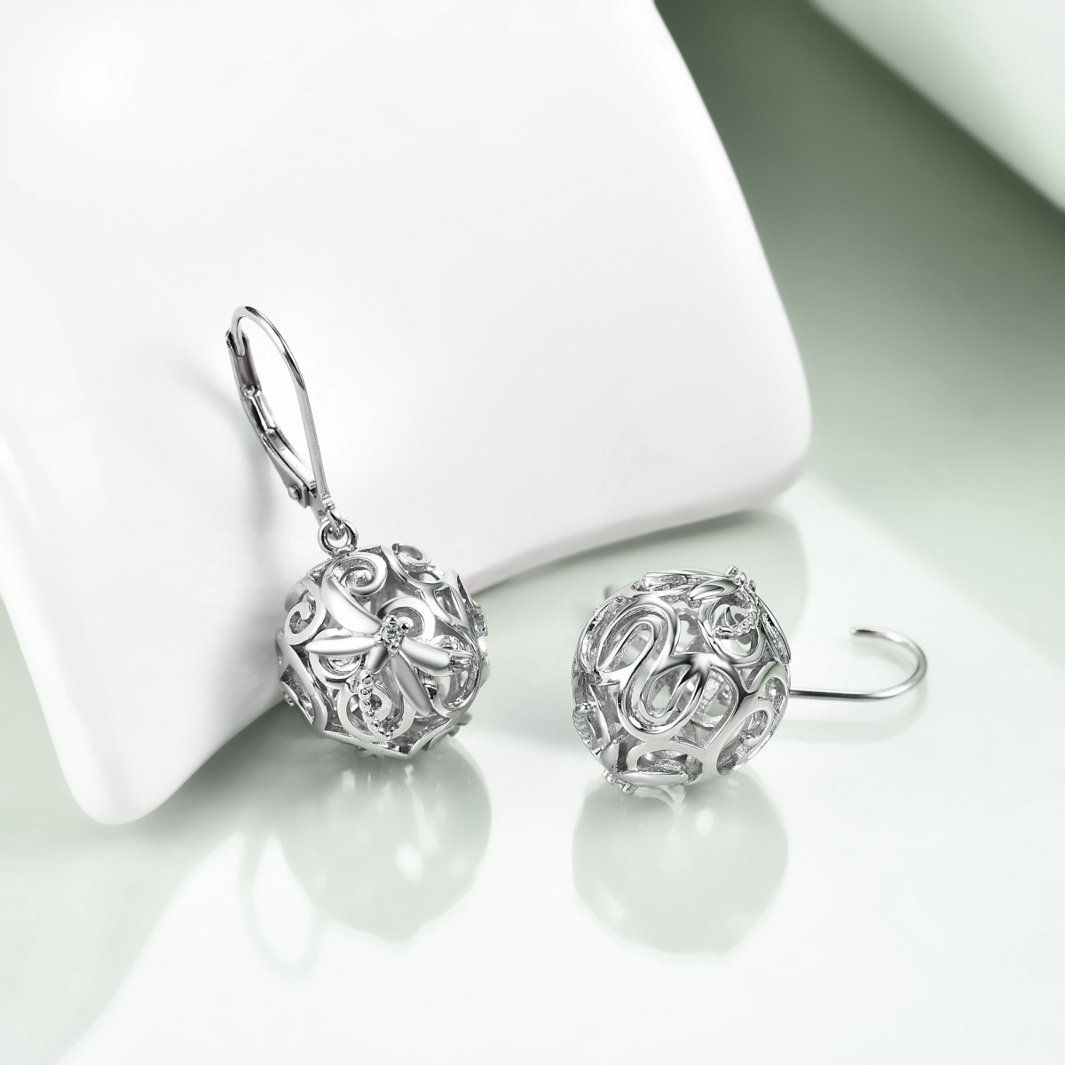 Sterling Silber Cubic Zirkonia Libelle & Filigran & Sphärische Hebel-zurück Ohrringe-4