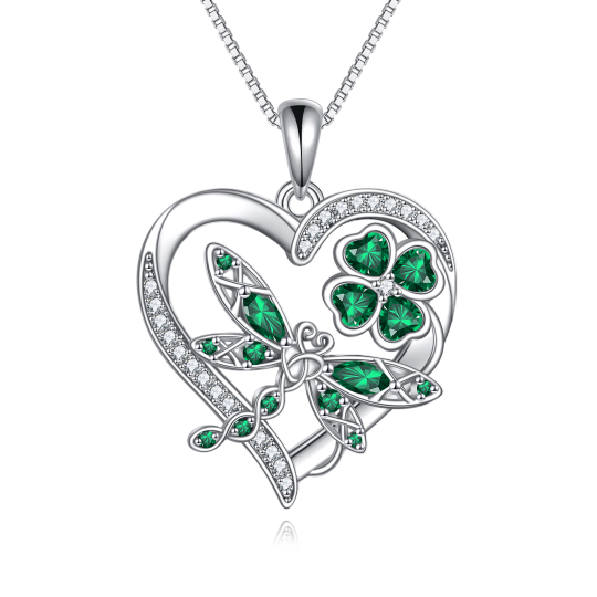 Collana con ciondolo a forma di libellula, quadrifoglio e cuore in argento sterling con zi