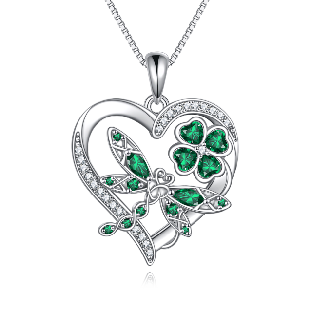 Sterling Silver Cubic Zirconia Dragonfly & Four Leaf Clover & Heart Pendant Necklace-1