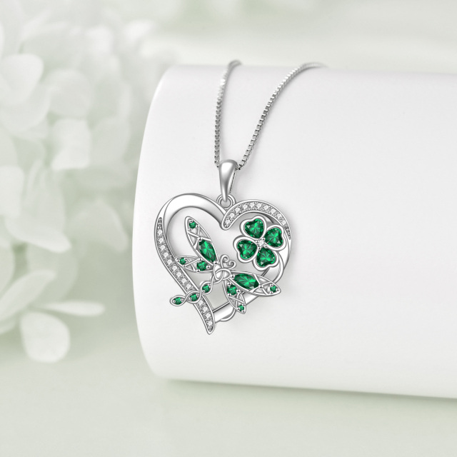 Sterling Silver Cubic Zirconia Dragonfly & Four Leaf Clover & Heart Pendant Necklace-4