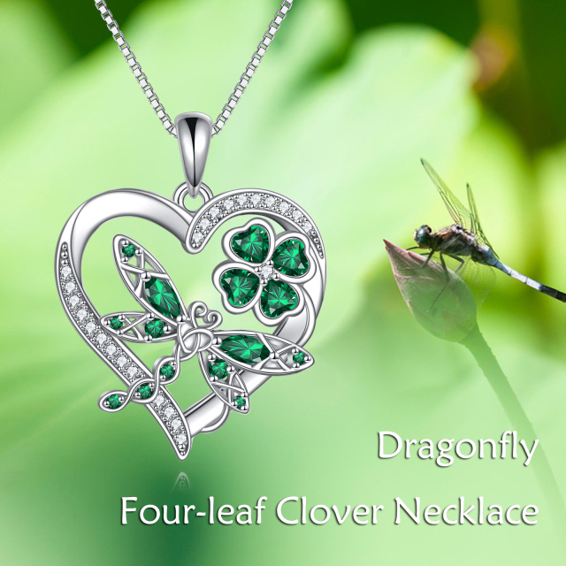 Collana con ciondolo a forma di libellula, quadrifoglio e cuore in argento sterling con zi-5