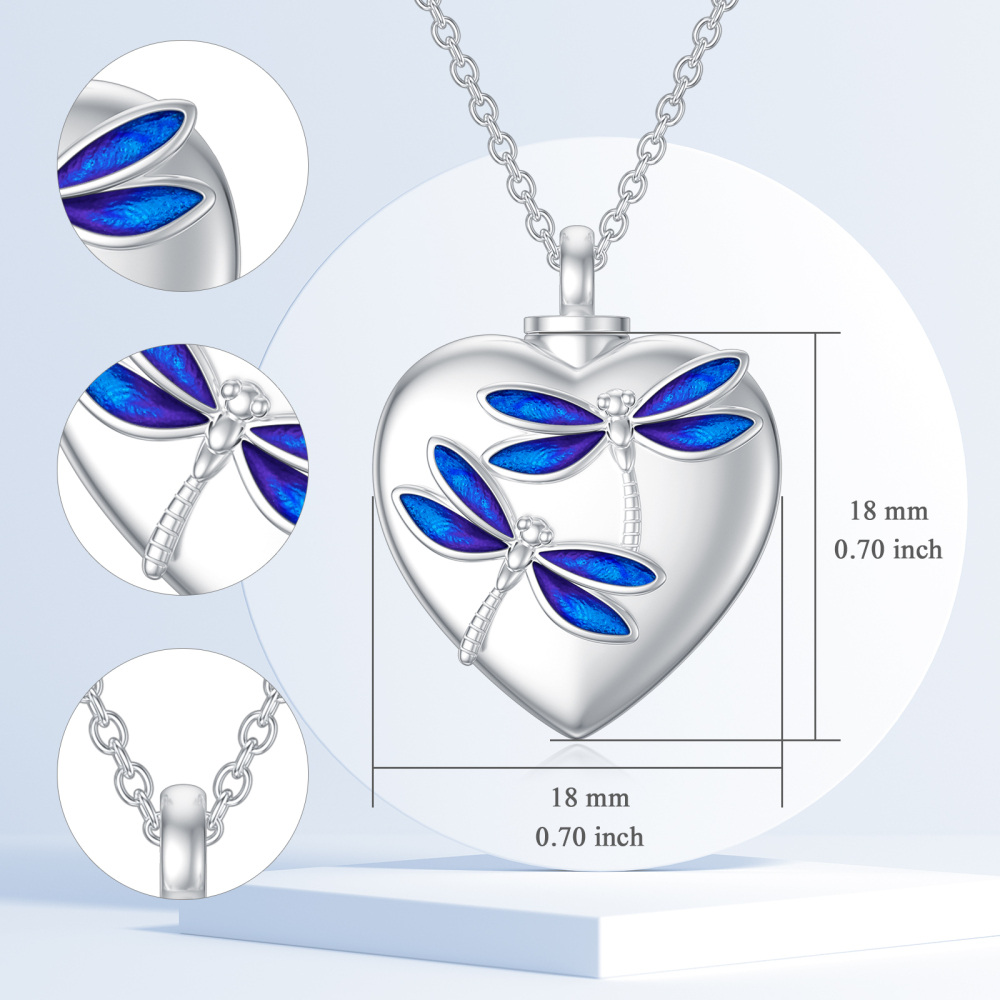 Sterling Silver Dragonfly & Heart Urn Necklace for Ashes with Engraved Word-6