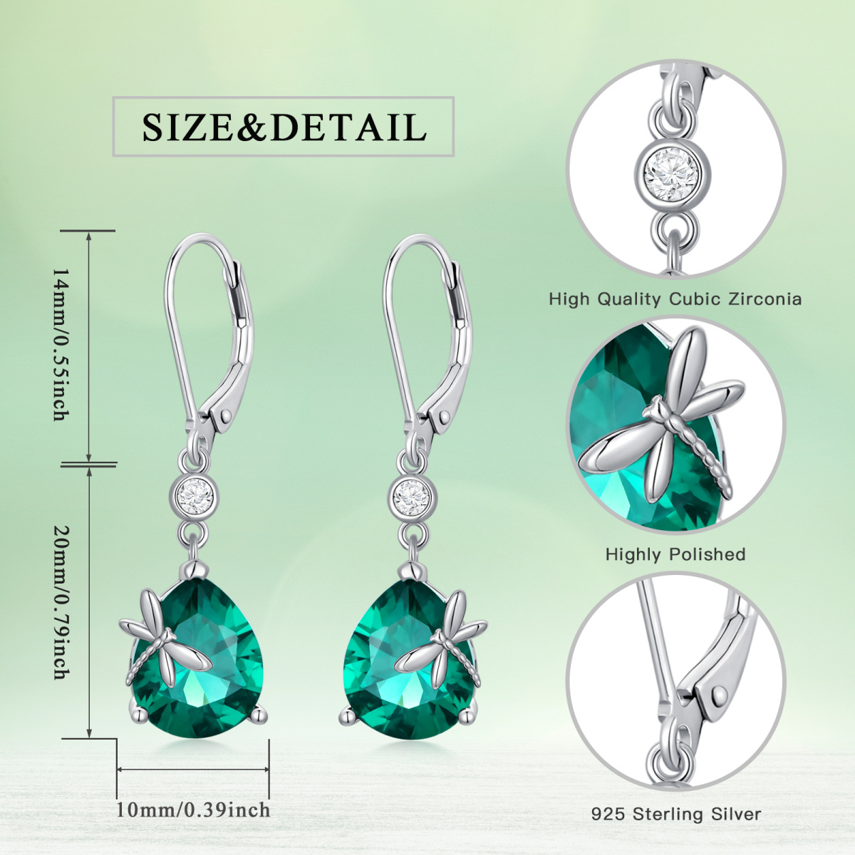 Sterling Silver Cubic Zirconia Dragonfly Lever-back Earrings-3