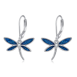 Sterling Silver Cubic Zirconia Dragonfly Lever-back Earrings-31