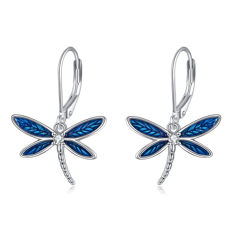 Sterling Silver Cubic Zirconia Dragonfly Lever-back Earrings