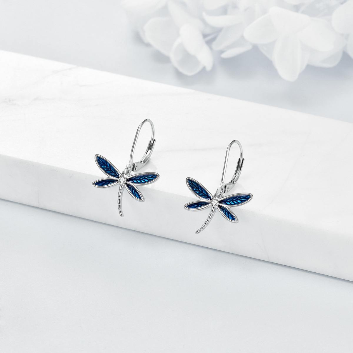 Sterling Silver Cubic Zirconia Dragonfly Lever-back Earrings-3