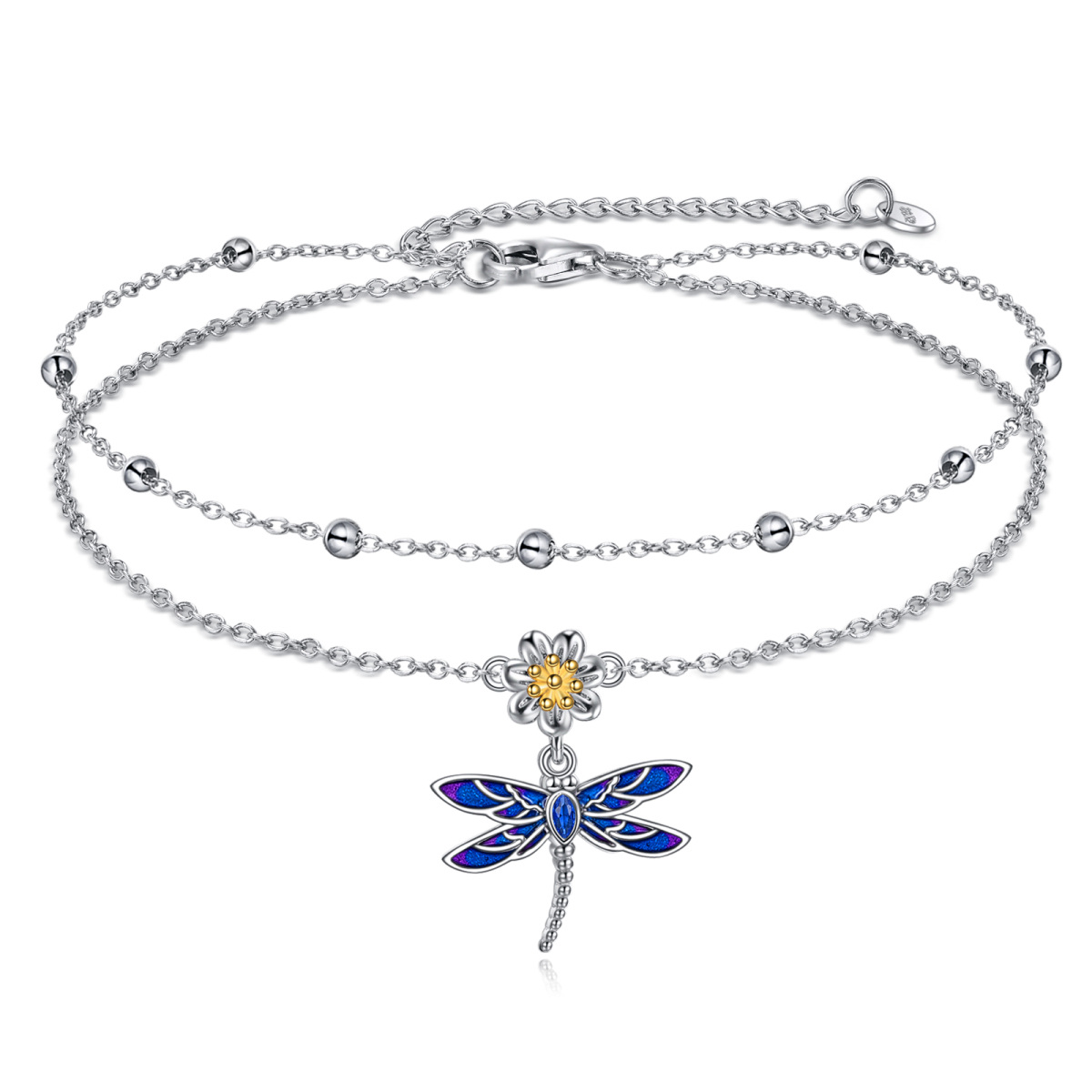 Sterling Silver Cubic Zirconia Dragonfly Multi-layered Anklet-1