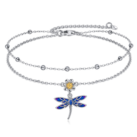 Sterling Silver Cubic Zirconia Dragonfly Multi-layered Anklet