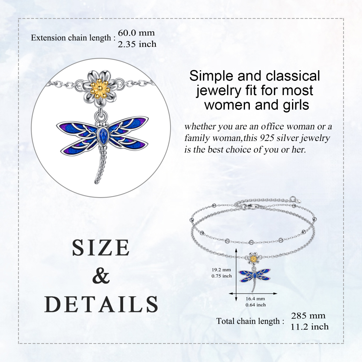 Sterling Silver Cubic Zirconia Dragonfly Multi-layered Anklet-5