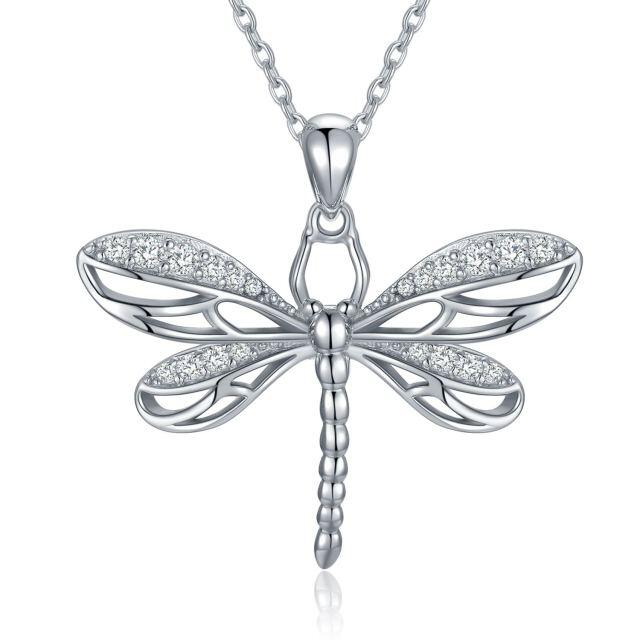 Sterling Silver Cubic Zirconia Dragonfly Pendant Necklace-5