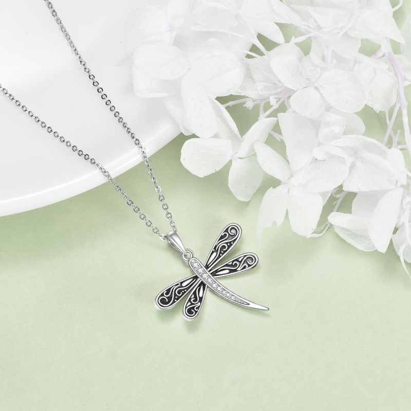 Sterling Silver Cubic Zirconia Dragonfly Pendant Necklace-4