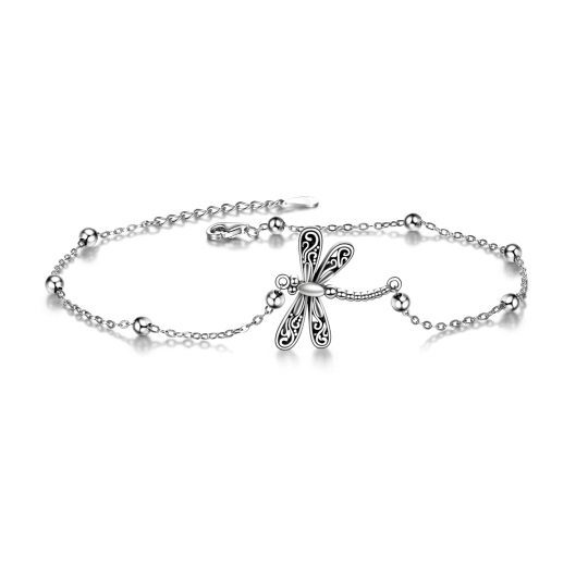 Sterling Silver Dragonfly Single Layer Bead Station Chain Anklet