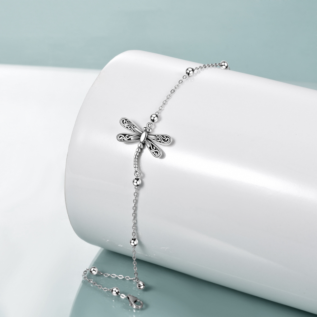 Sterling Silver Dragonfly Single Layer Bead Station Chain Anklet-3