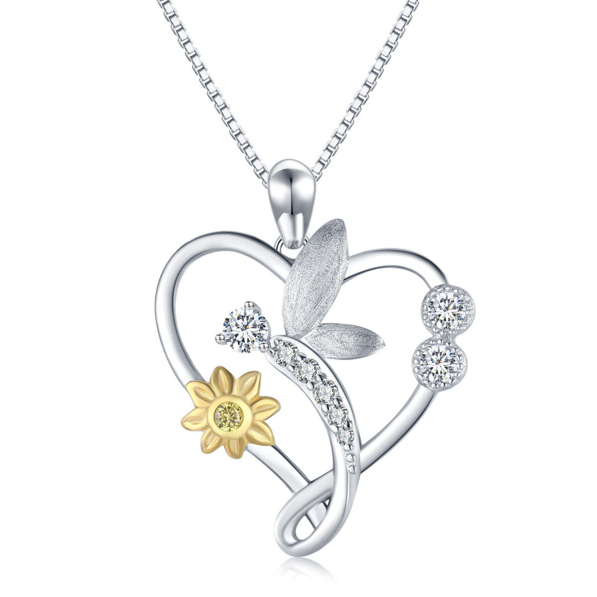 Argento Sterling Round Cubic Zirconia Dragonfly & Sunflower Cuore Collana per le donne Bes-1