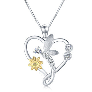 Sterling Silver Round Cubic Zirconia Dragonfly & Sunflower Heart Pendant Necklace For Women Best Friends-5