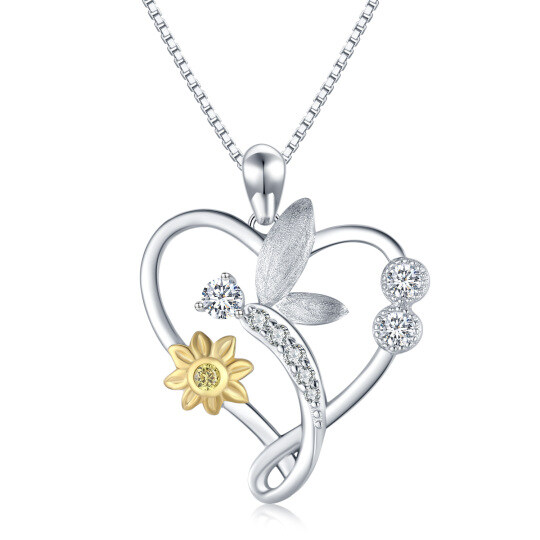 Sterling Silver Cubic Zirconia Dragonfly & Sunflower & Heart Pendant Necklace