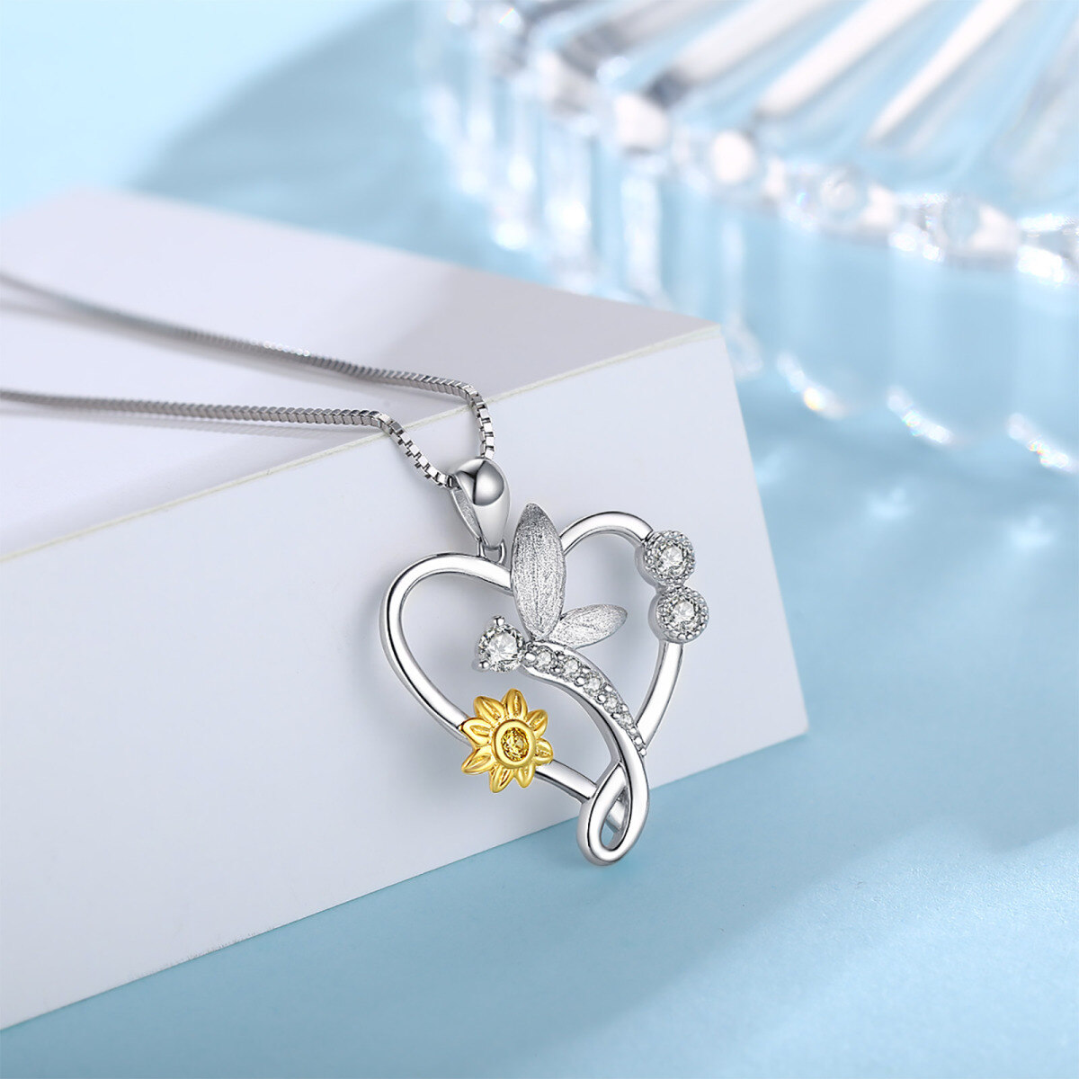 Collier en argent sterling avec pendentif Dragonfly & Sunflower Heart en argent cubique po-4