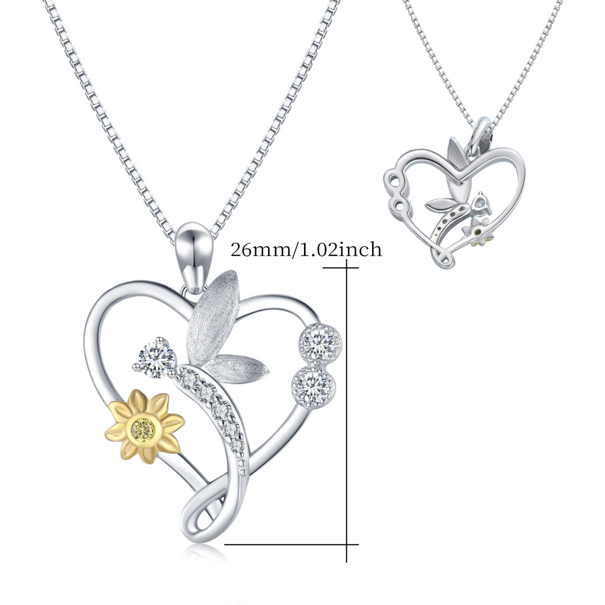 Sterling Silver Round Cubic Zirconia Dragonfly & Sunflower Heart Pendant Necklace For Women Best Friends-5