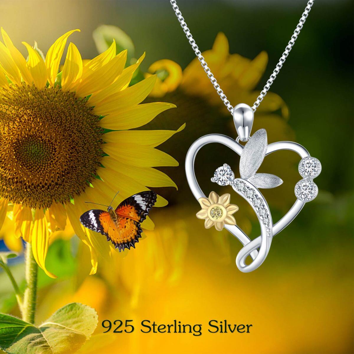 Sterling Silver Round Cubic Zirconia Dragonfly & Sunflower Heart Pendant Necklace For Women Best Friends-6