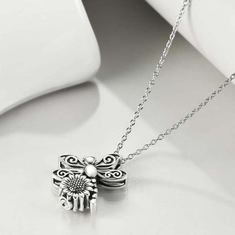 Sterling Silver Dragonfly & Sunflower Pendant Necklace-4