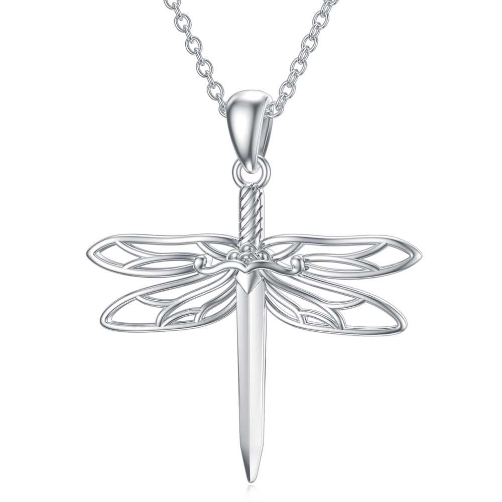 Sterling Silver Dragonfly & Sword Pendant Necklace-1