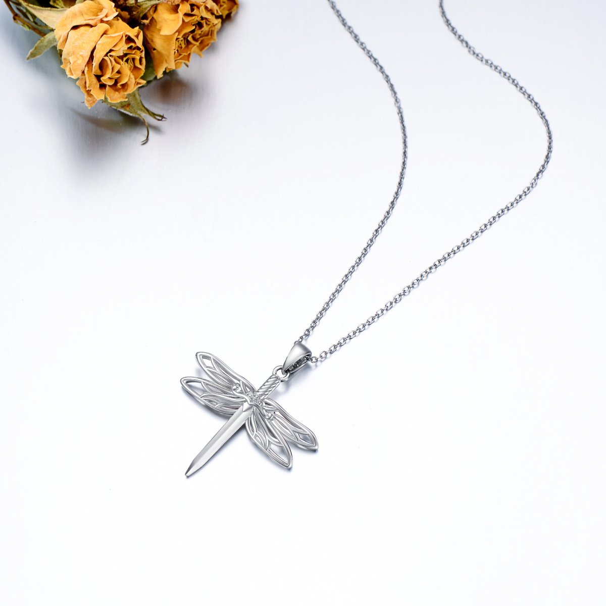 Sterling Silver Dragonfly & Sword Pendant Necklace-3