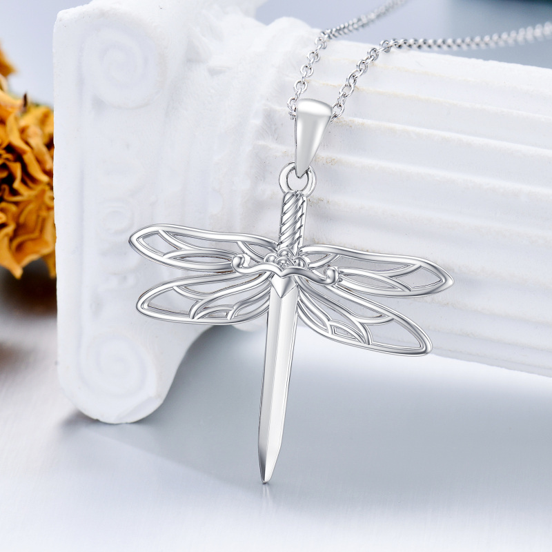 Sterling Silver Dragonfly & Sword Pendant Necklace-4